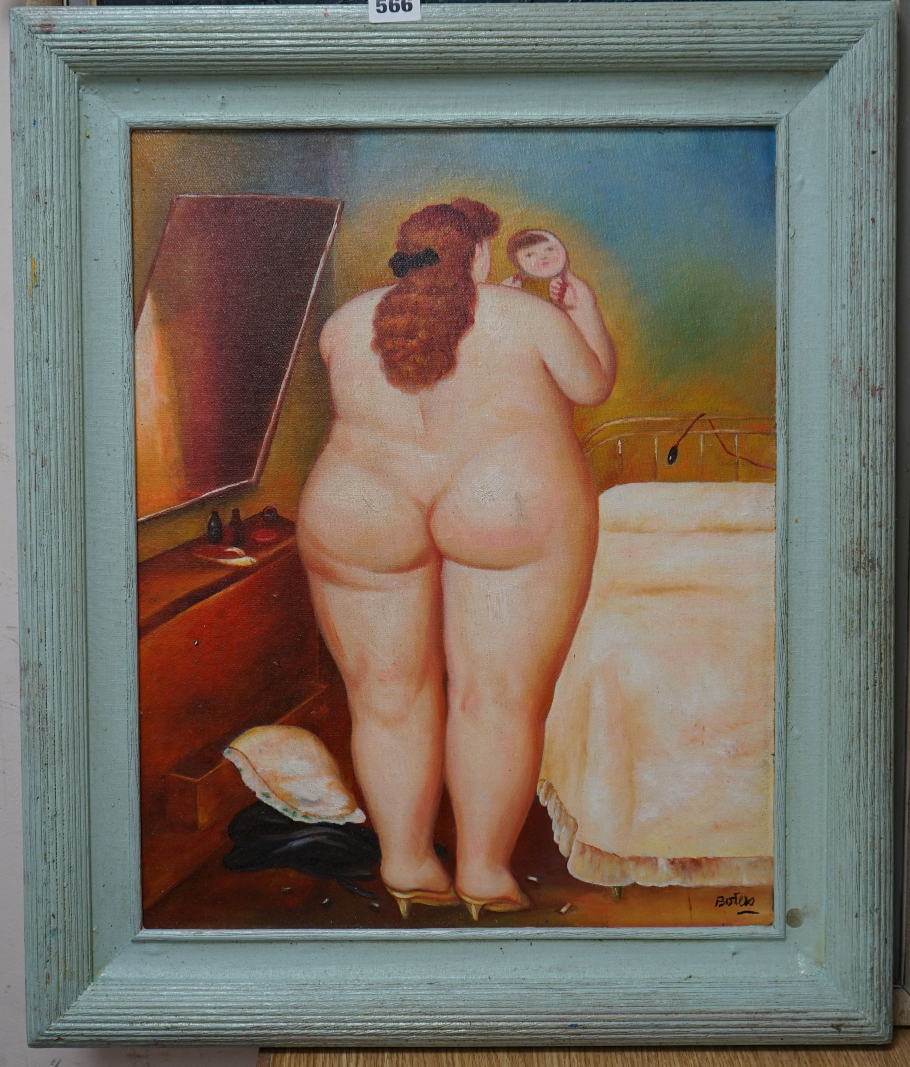 After Botero, oil on board, Nude in a looking glass, bears signature, 50 x 40cm